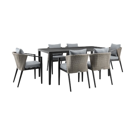 Armen Living Aileen Outdoor Patio 7-Piece Dining Table Set in Aluminum and Wicker with Gray Cushions 840254333222